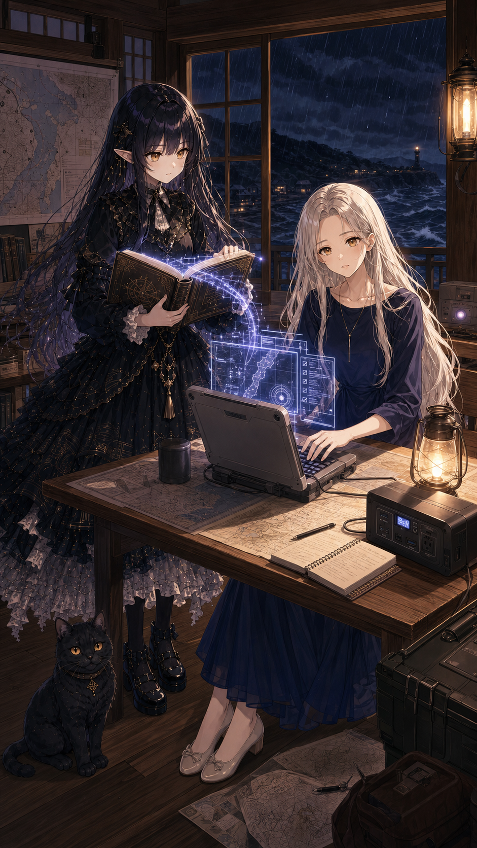 通信障害時に、エマが記憶を呼び起こし、ミル・クエンがローカルPCで作業を続ける様子。そばには黒猫の黒蜜がいる。